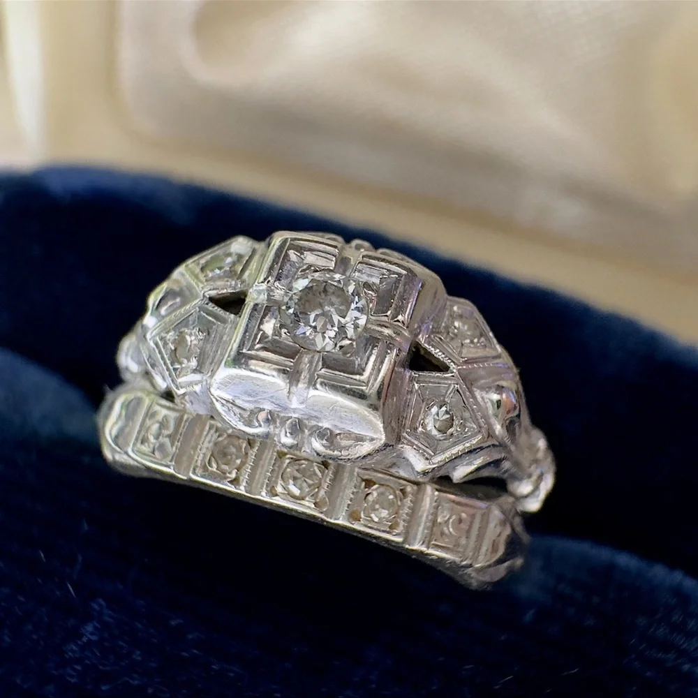 Antique 14K Gold Diamond Engagement Ring & Wedding Band 10K Gold Estate Art Deco - Picture 9 of 14